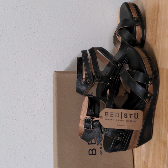 BedStu Juliana Black Leather Platform Wedge Sandals sz 11 New w Box - Picture 6 of 12